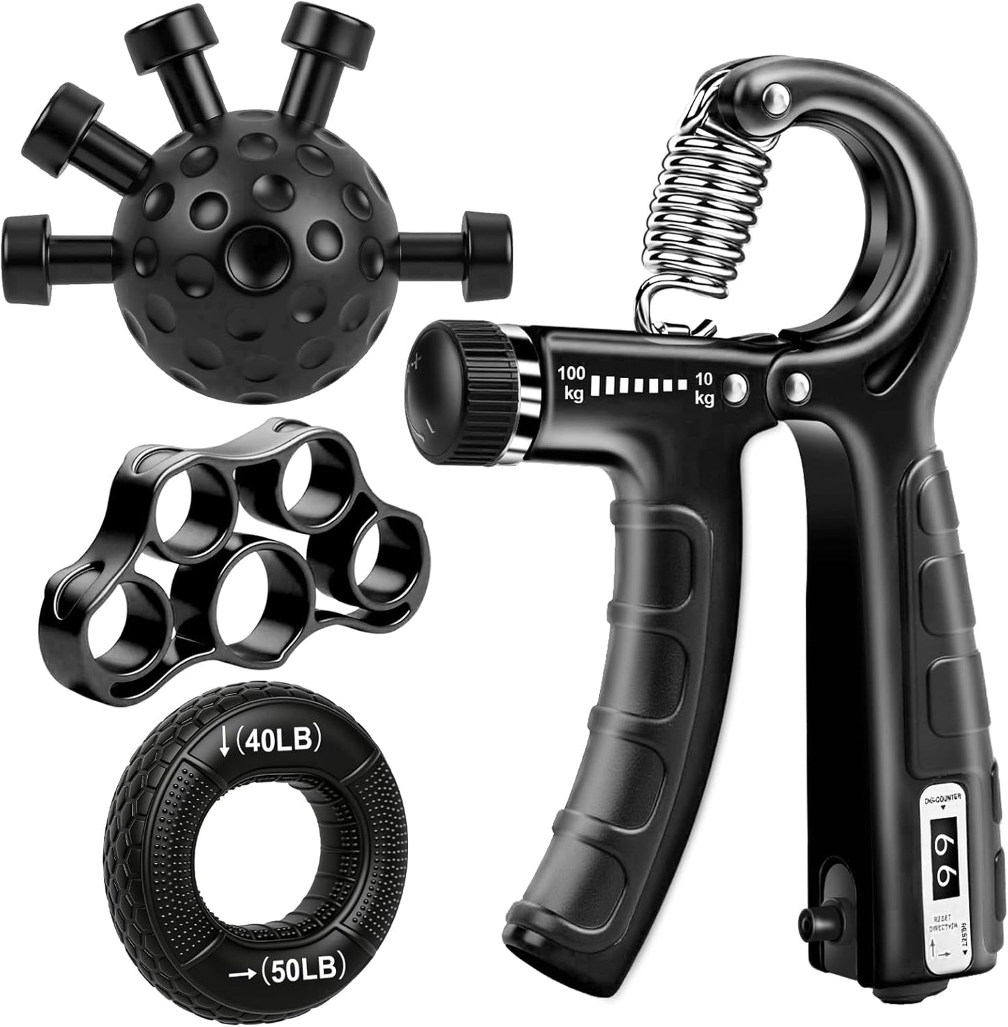 4-Pack Grip Strength Trainer Kit, Adjustable Forearm Strengthener, Black Hand Grip Strengthener Balls, Finger Exerciser & Stretcher for Strength Training, Recovery & Flexibility