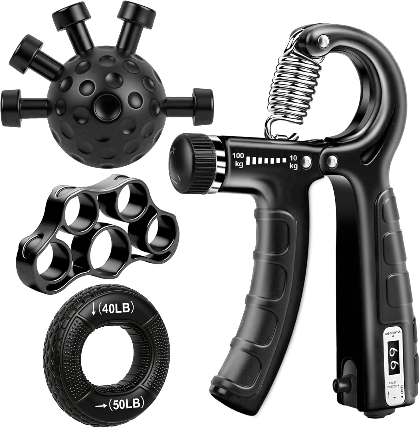4-Pack Grip Strength Trainer Kit, Adjustable Forearm Strengthener, Black Hand Grip Strengthener Balls, Finger Exerciser & Stretcher for Strength Training, Recovery & Flexibility