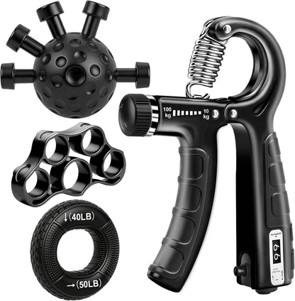 4-Pack Grip Strength Trainer Kit, Adjustable Forearm Strengthener, Black Hand Grip Strengthener Balls, Finger Exerciser & Stretcher for Strength Training, Recovery & Flexibility